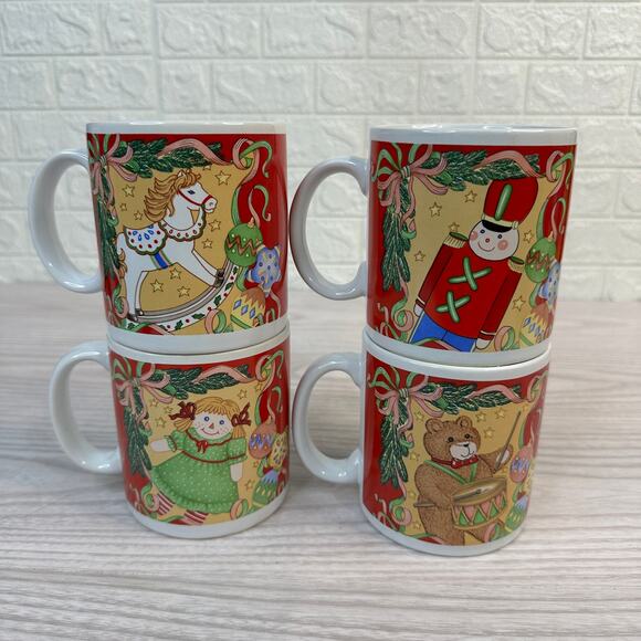 Traditions Christmas 1992 Stoneware Mugs Set of 4 Bear Doll Nutcracker Ornament - Picture 9 of 14